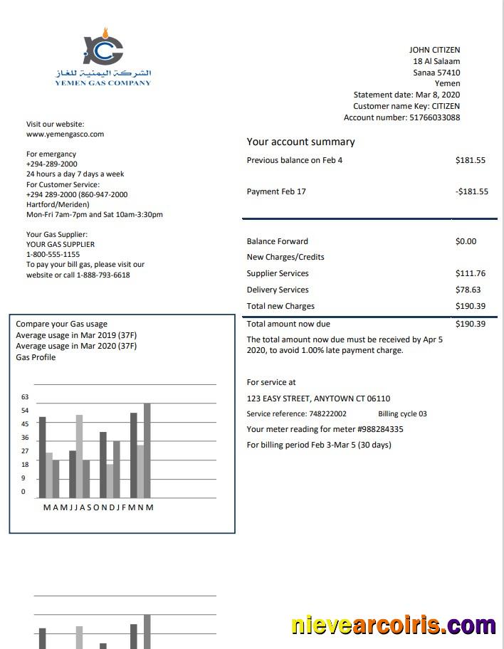Yemen Gas Company utility bill